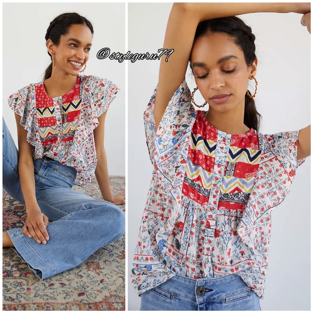 Anthropologie Red Patchwork Floral Flutter Sleeve Top